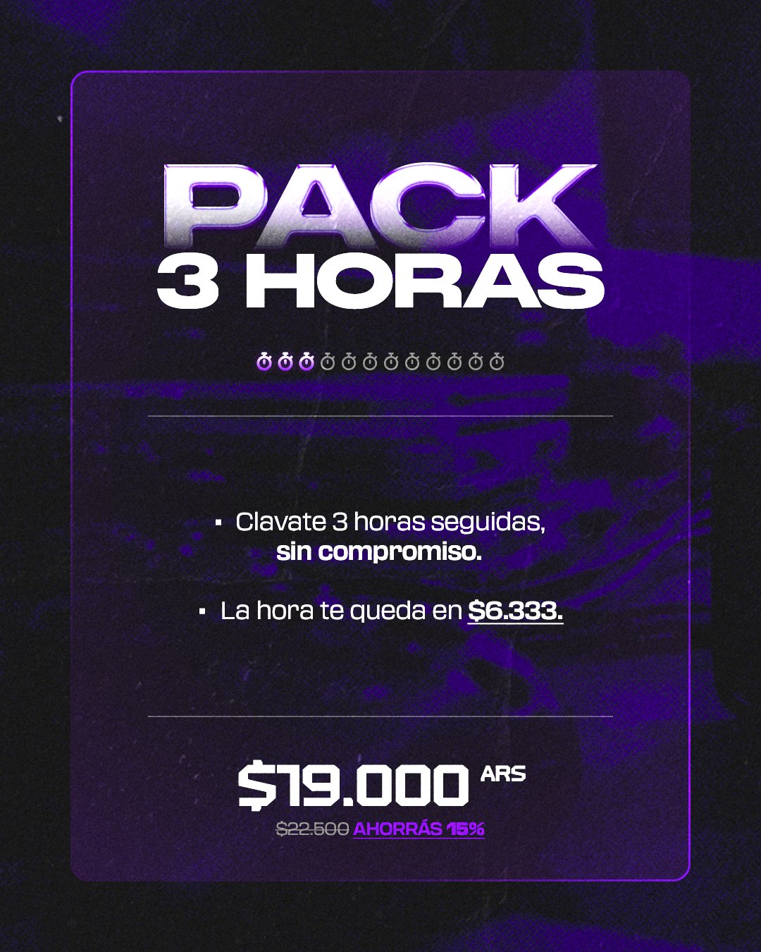Pack 3 Horas — $19.000 ARS, ahorrás 15%